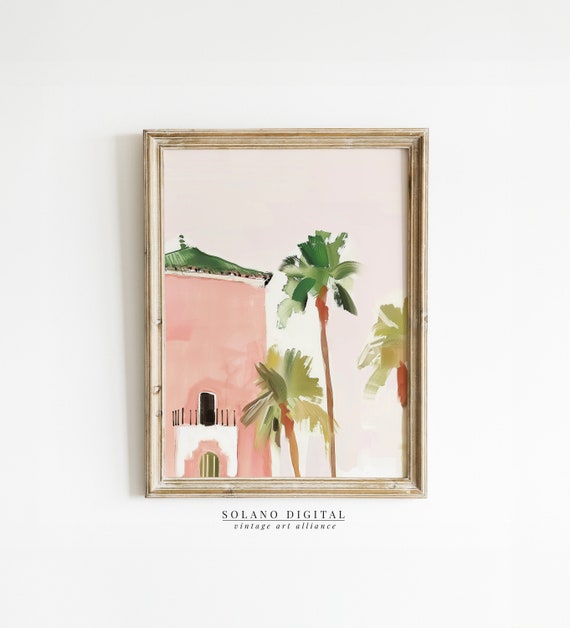 Vintage Beach Print Pink Coastal Girly Apartment Decor Wall Art Painting Marrakech
