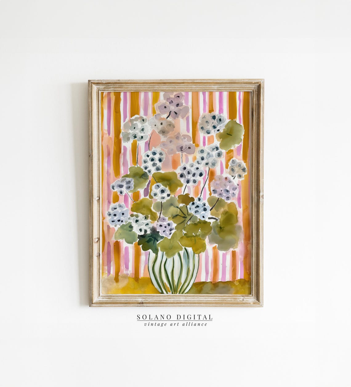Dotted Wildflower Watercolor Bouquet on Amber Stripes Floral Art Print