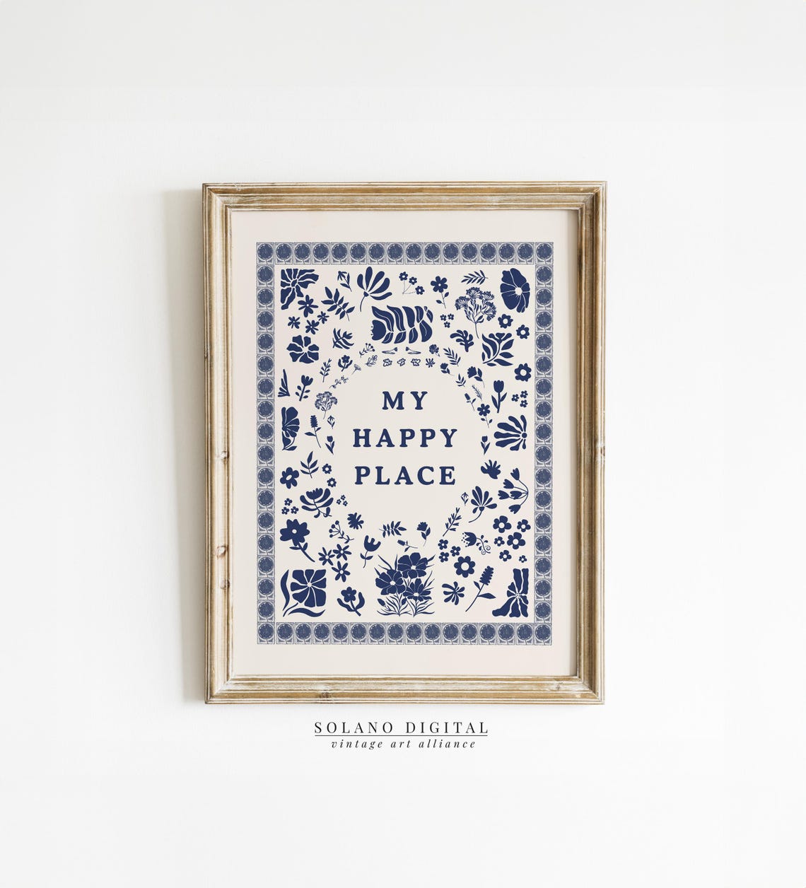 My Happy Place Navy Blue Botanical Typography Vintage Quote Poster