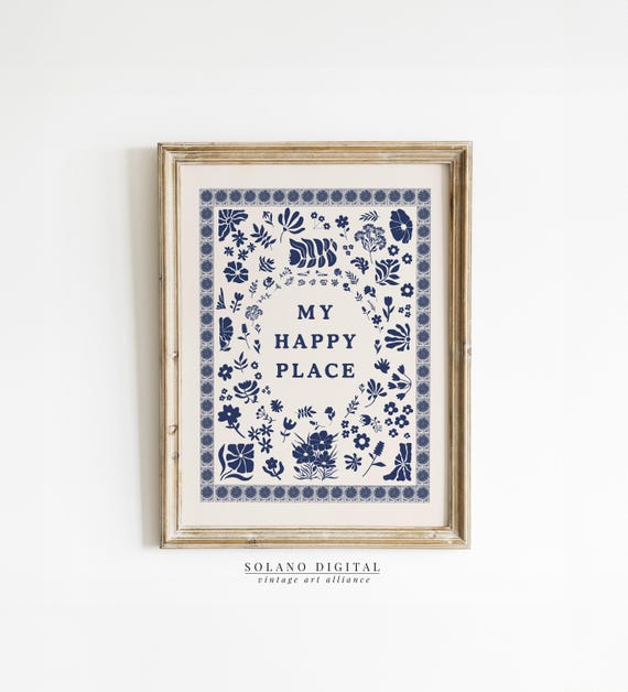 My Happy Place Wall Art Cozy Home Decor Typography Trendy For Minimalist Living Room Cottage Kitchen Blue Botanical