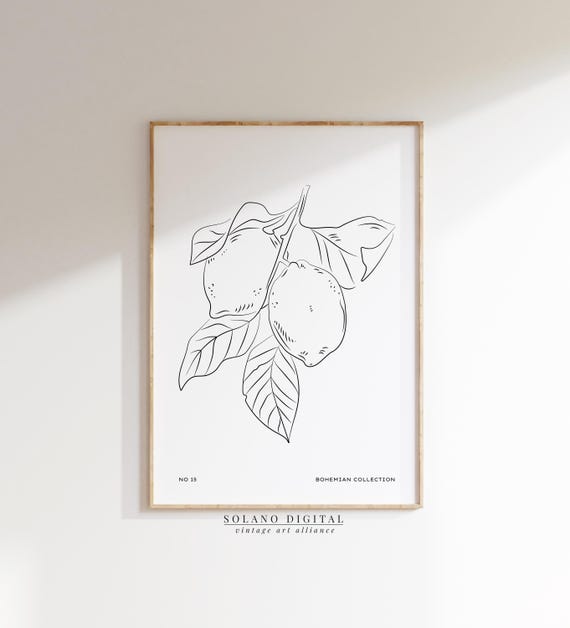 Lemon Botanical Art Citrus Fruit Line Drawing Wall Minimalist Kitchen Decor Print Boho
