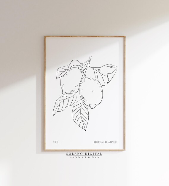 Lemon Branch Line Drawing Botanical Kitchen Decor Art Poster