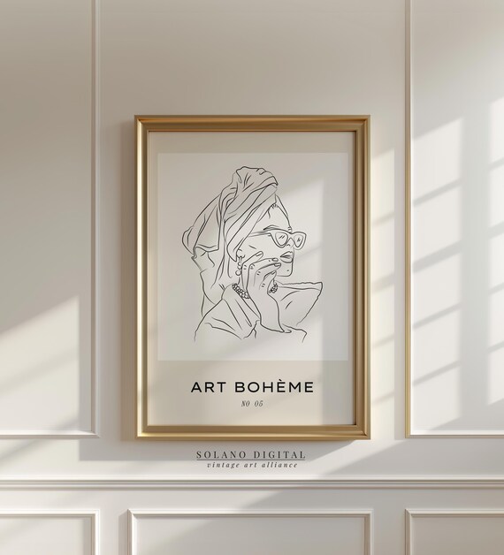 Boho Woman Line Art Print Stylish Female Portrait Modern Bohemian Decor Minimalist Drawing Wall