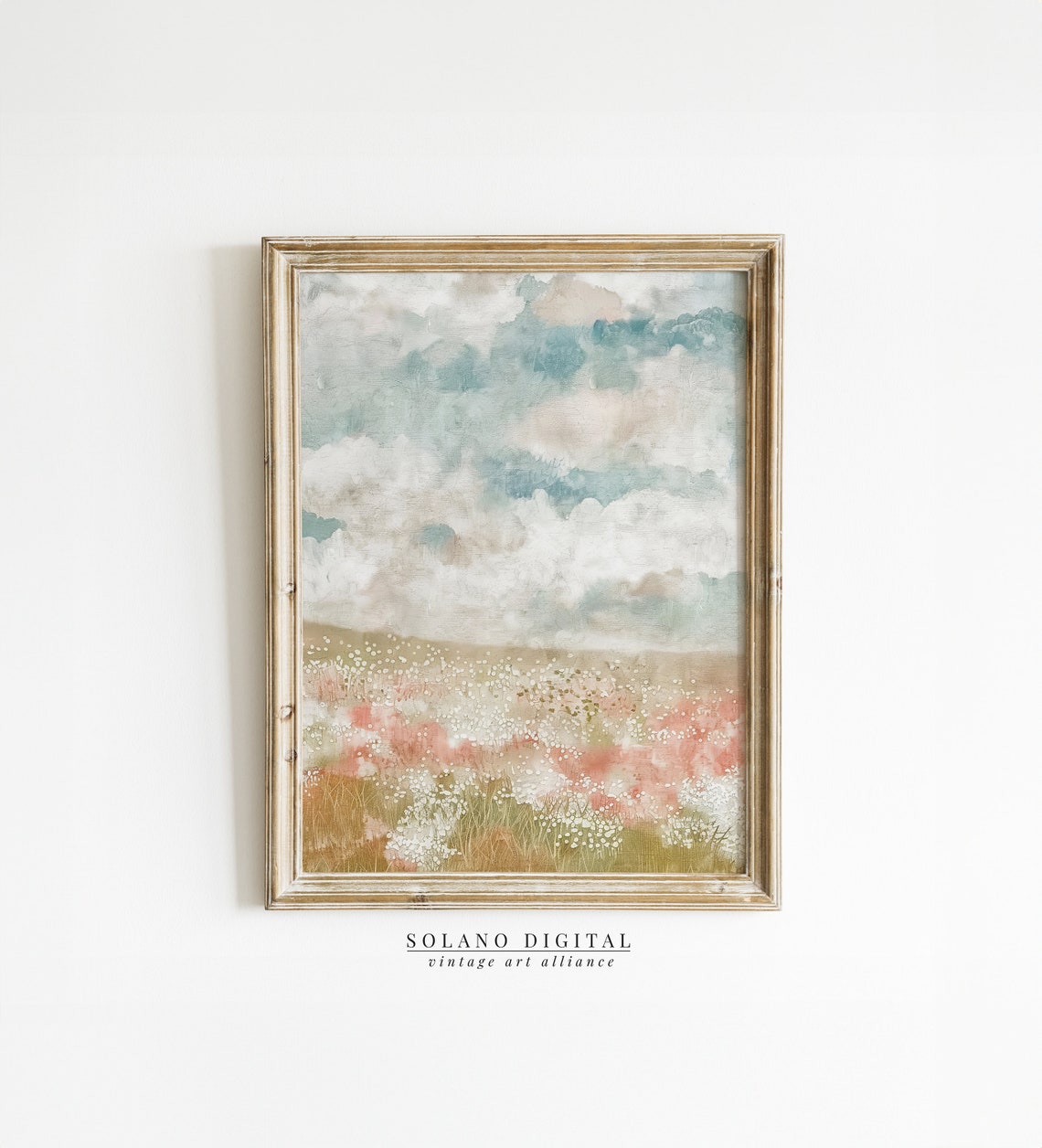 Pastel Meadow Landscape Oil Painting Poster With Soft Cloudy Sky