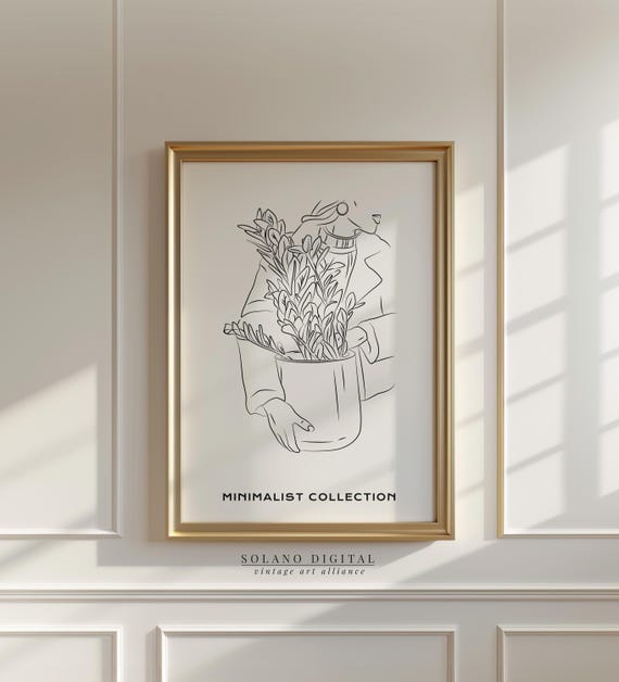 Woman With Potted Plant Line Art Print Minimalist Botanical Poster Modern Feminine Wall Decor Black White