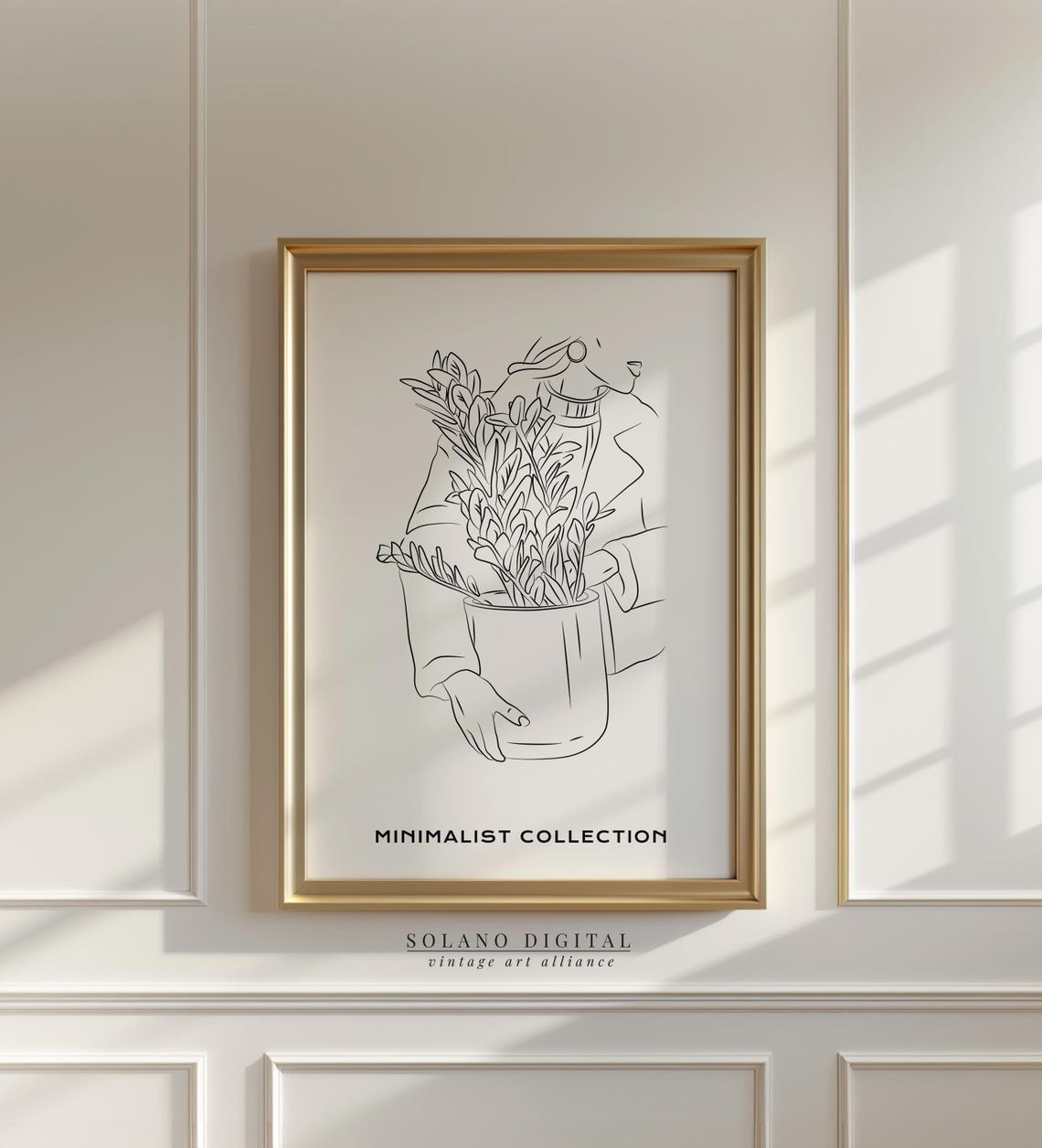Woman With Potted Plant Line Art Print Minimalist Botanical Poster Modern Feminine Wall Decor Black White