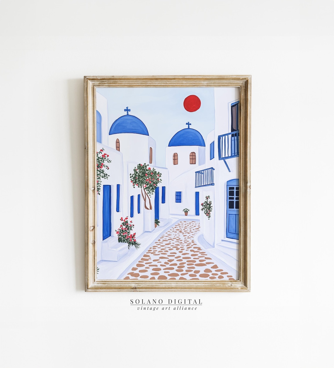 Greek Island White Village Blue Dome Street Painting Art Poster