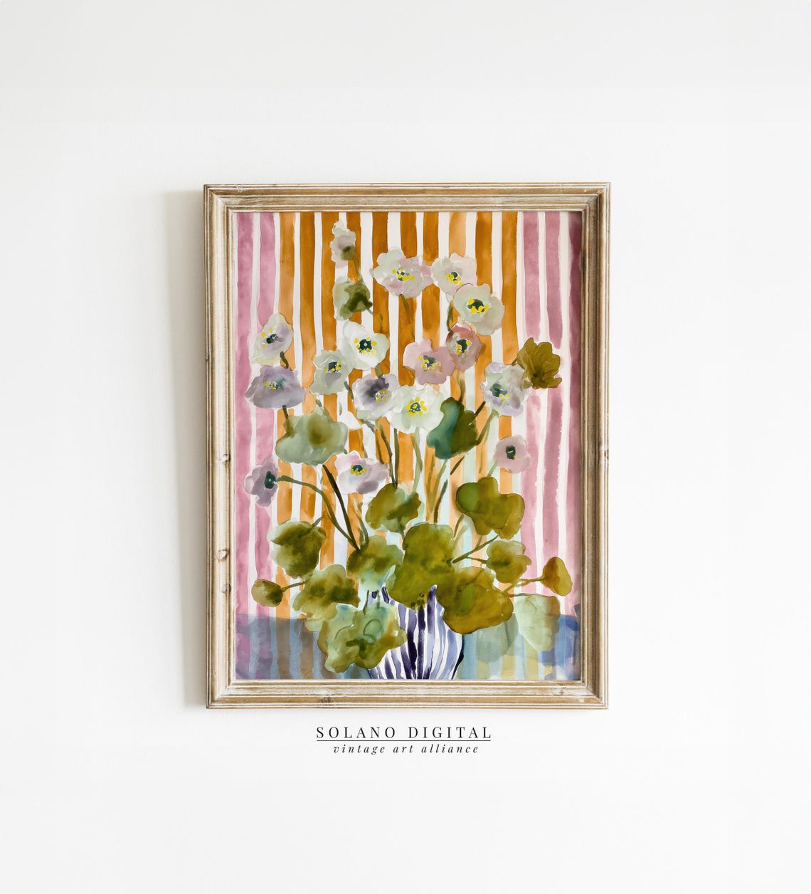 Pale Wildflowers Watercolor Bouquet on Amber Stripes Floral Art Print