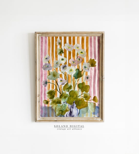 Striped Floral Art Modern Botanical Prints Pastel Flower Watercolor Botanicals Grandmillennial Home Decor
