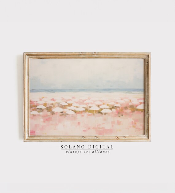 Abstract Beach Umbrellas Painting Soft Pink Coastal Seascape Wall Art
