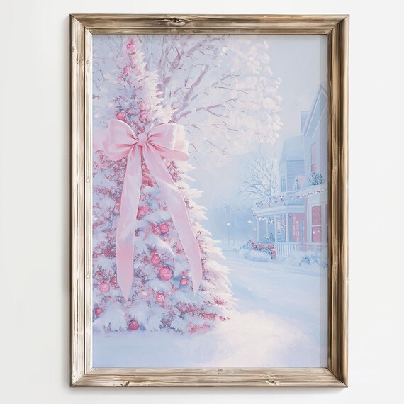 Pastel Christmas Tree Village Holiday Art Print