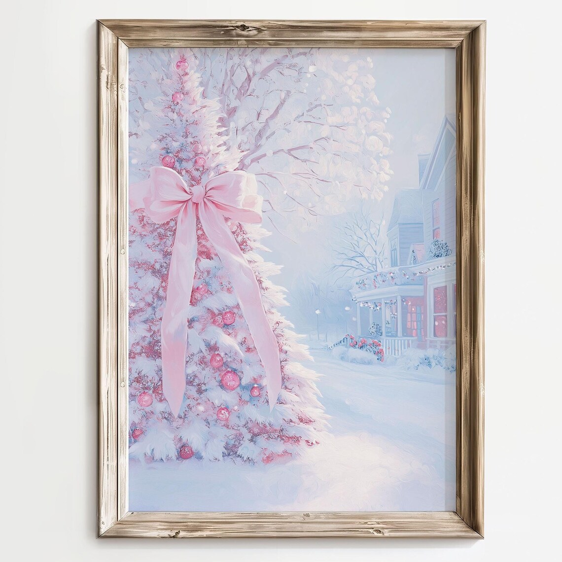 Pastel Christmas Tree Village Holiday Art Print