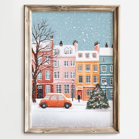 Colorful Girly Christmas Village Print Cute Holiday Painting For Winter Decor Festive Pink Pastel Colourful Tree Wall Art