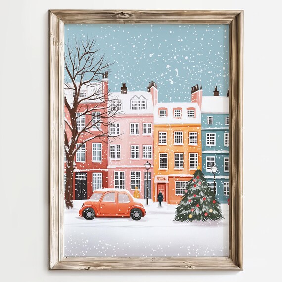 Colorful Snowy Christmas Village Street Cute Holiday Art Print