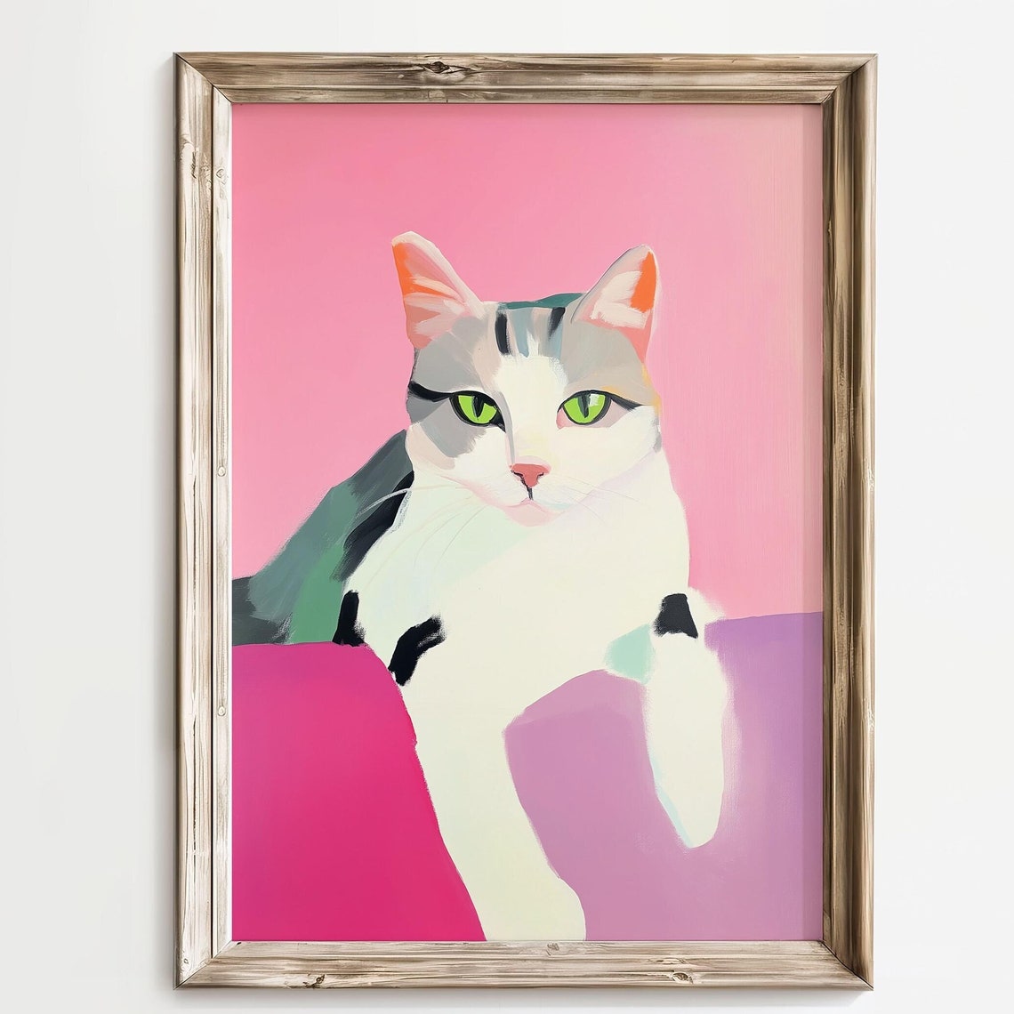 Colorful Tabby Cat Portrait Poster with Green Eyes on Pink Background