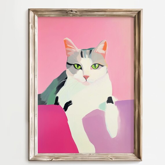 Colorful Tabby Cat Portrait Poster with Green Eyes on Pink Background
