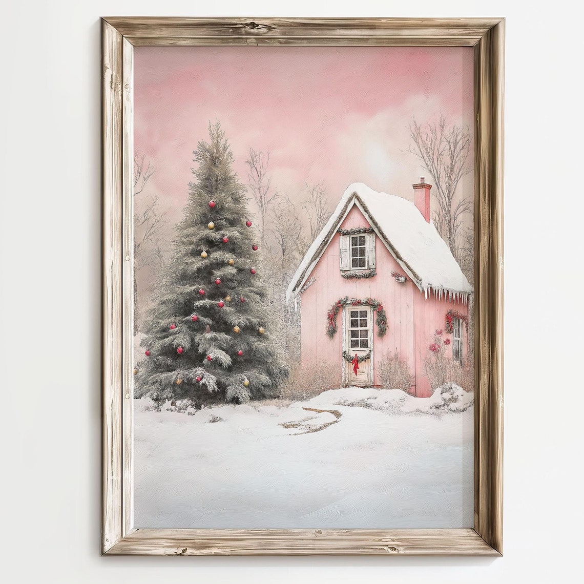 Pastel Pink Christmas Cottage Snowy Village Holiday Scene Wall Art