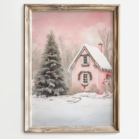 Pastel Pink Christmas Cottage Snowy Village Holiday Scene Wall Art