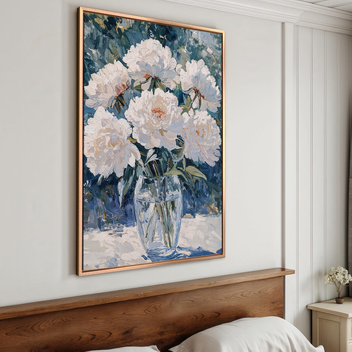 White Peony Bouquet in Glass Vase Impasto Floral Painting Poster - Image 4