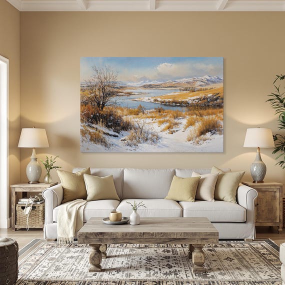 Rustic Winter River Landscape Framed Canvas Print Snowy Countryside Art Nature Painting Cabin Decor Ready To Hang Gift For Friend