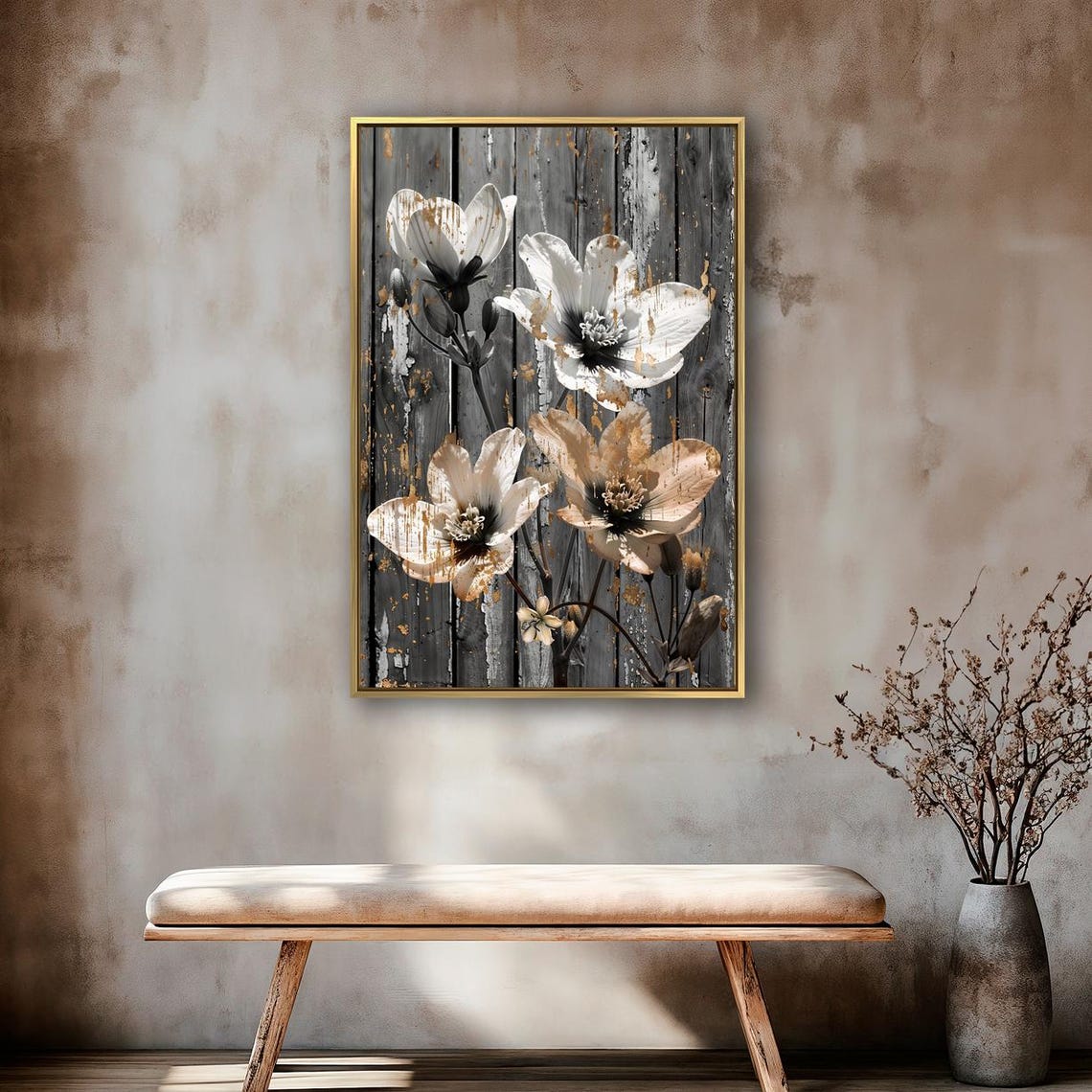 Distressed White Floral Vintage Botanical Gold Accents Art Poster - Image 3