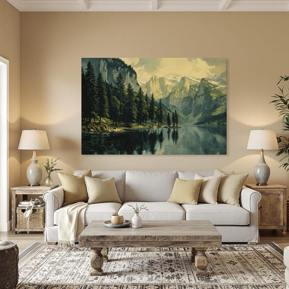 Rustic Mountain Landscape Framed Canvas Print Nature Art With Forest Lake Reflection Cabin Decor And Lover Gift Ready To Hang