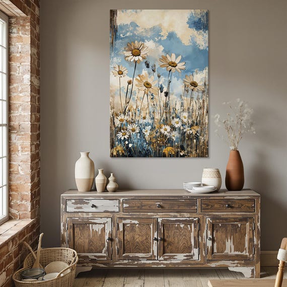 Rustic Floral Framed Canvas Print Daisy Art Country Decor Spring Flowers Painting Botanical Wall Ready To Hang Gift For Her