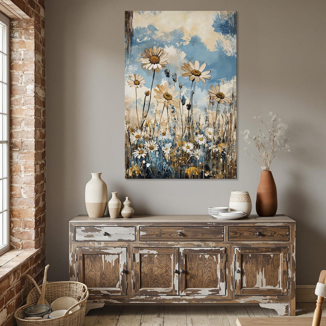 Rustic Daisy Wildflower Meadow Blue Sky Vintage Floral Painting Poster