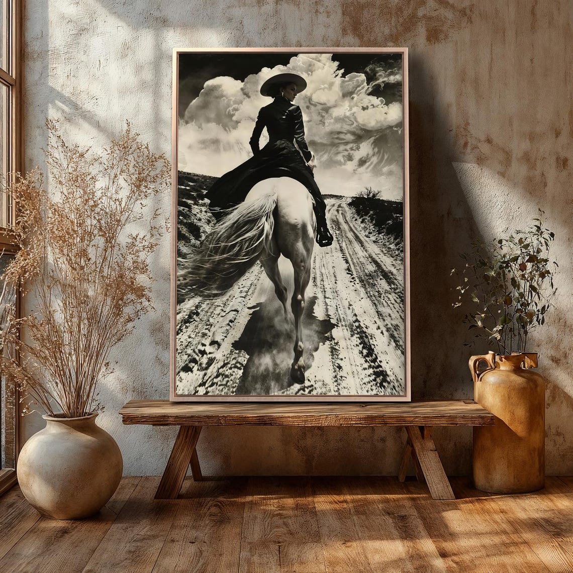 Black And White Horseback Rider Woman Framed Wall Art Rustic Cowgirl Painting Print Equestrian Poster Western Gift Ready To Hang - Image 5