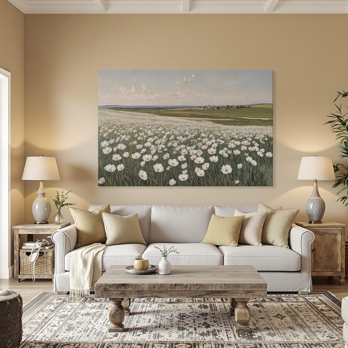 White Wildflowers Countryside Field Rustic Landscape Scene Wall Art