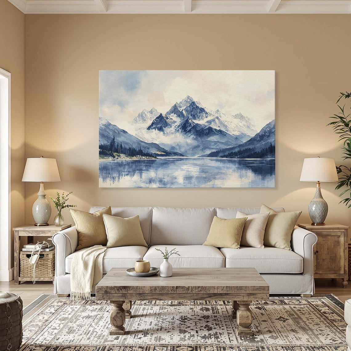 Snowy Mountain Lake Watercolor Reflection Landscape Scenic Poster