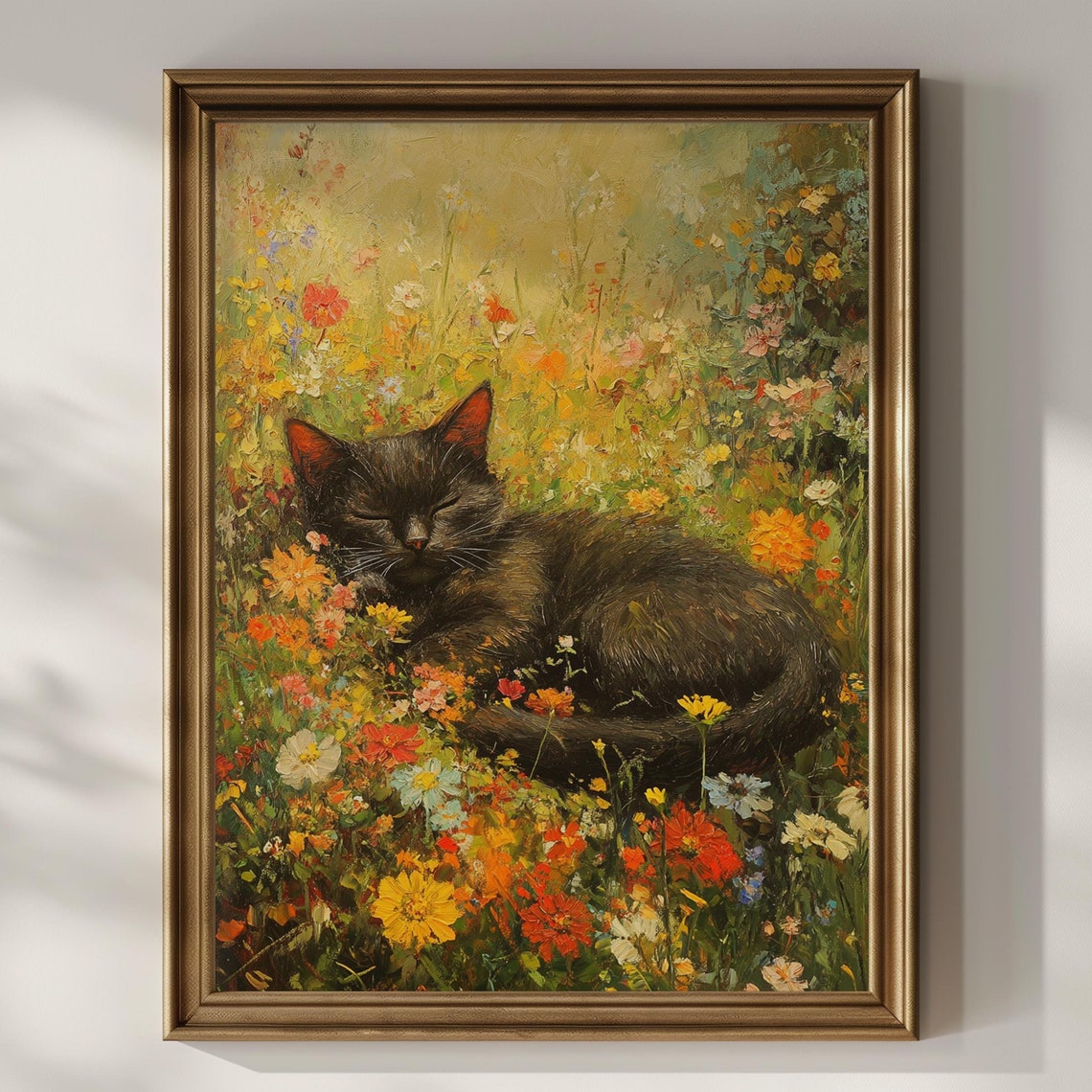 Black Cat Sleeping in a Golden Wildflower Meadow Oil Painting Poster