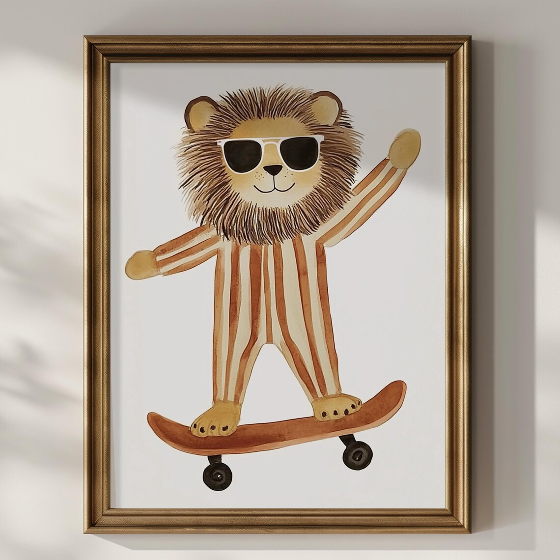 Lion Skater With Sunglasses Watercolor Safari Kids Nursery Wall Art Poster