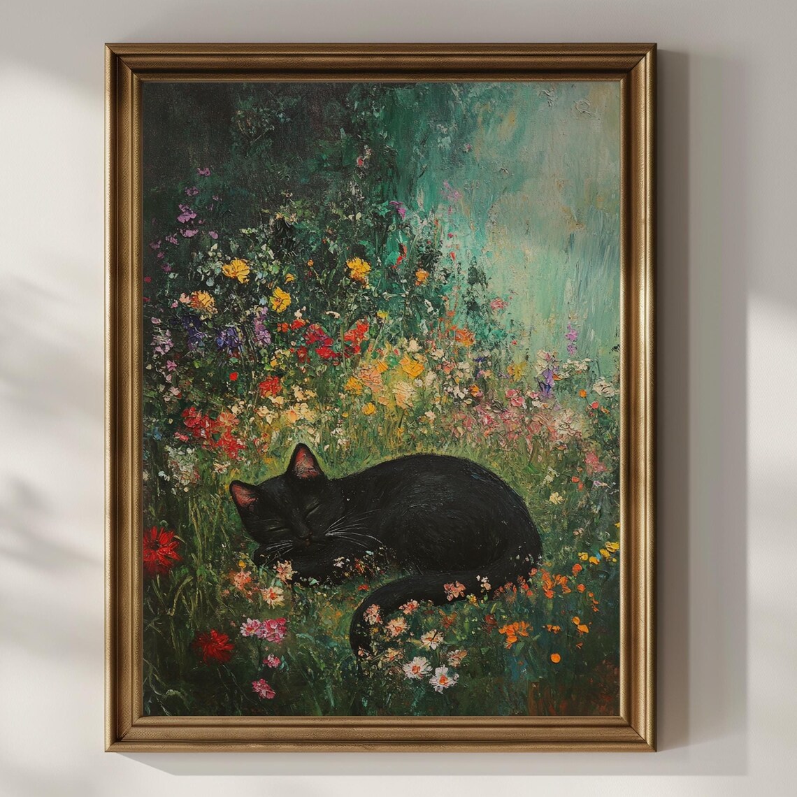 Black Cat Sleeping in Wildflowers, Vintage Art Print