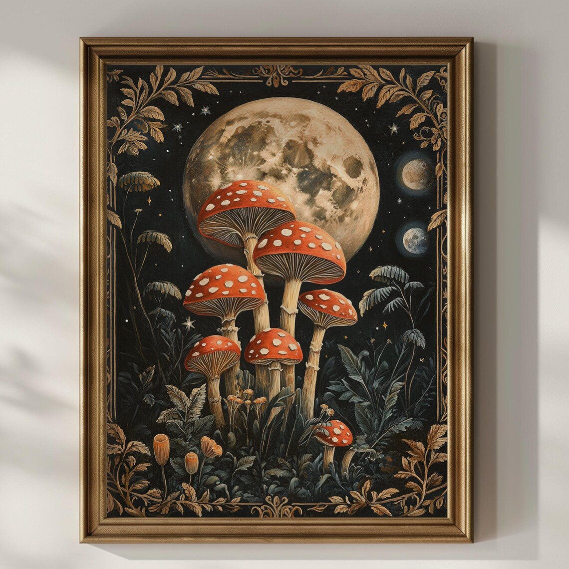 Red Fly Agaric Mushrooms Full Moon Phases Gold Art Deco Nature Poster