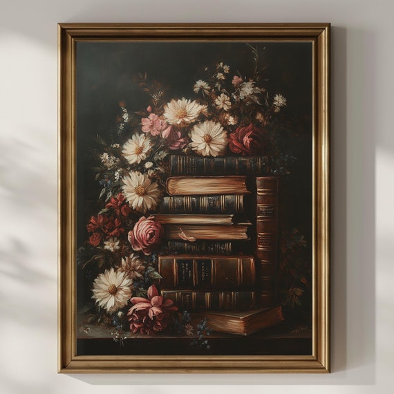Vintage Books Wall Art Floral Wall Art Dark Academia Oil Painting Soft Muted Rustic Book Lover Gifts