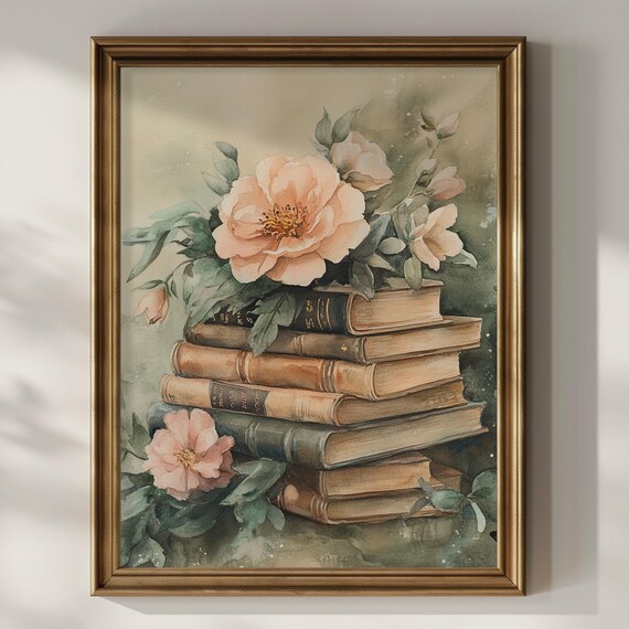 Watercolor Old Book Stack With Blush Peonies Romantic Library Poster