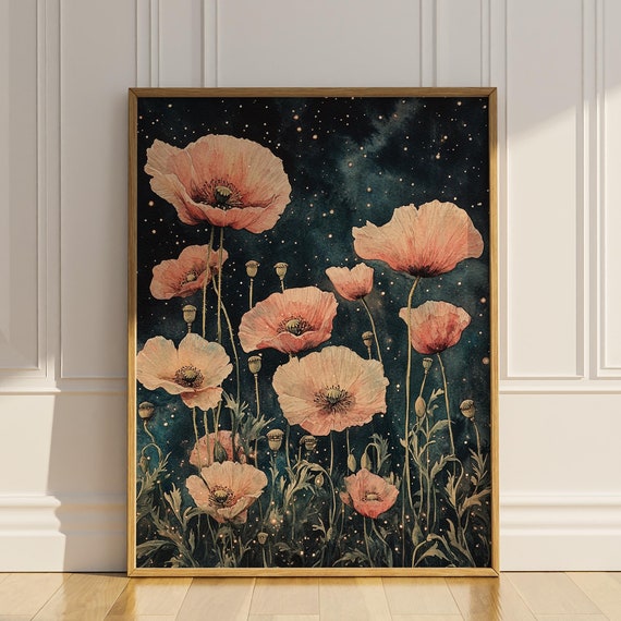 Poppy Flowers Poster Print Floral Poppies Wall Art Celestial Enchanting Modern Trendy Artful Wall Decor Gift Boho Print Matte Poster