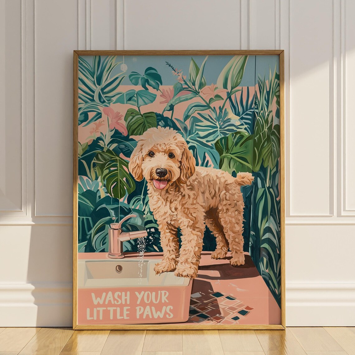 Wash Your Paws Goldendoodle Bathroom Poster, Vintage