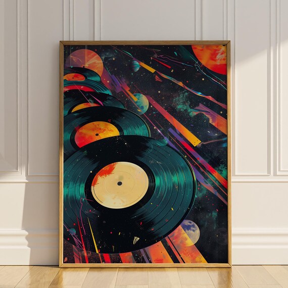 Psychedelic Vinyl Records Flying Through Cosmic Space Collage Poster
