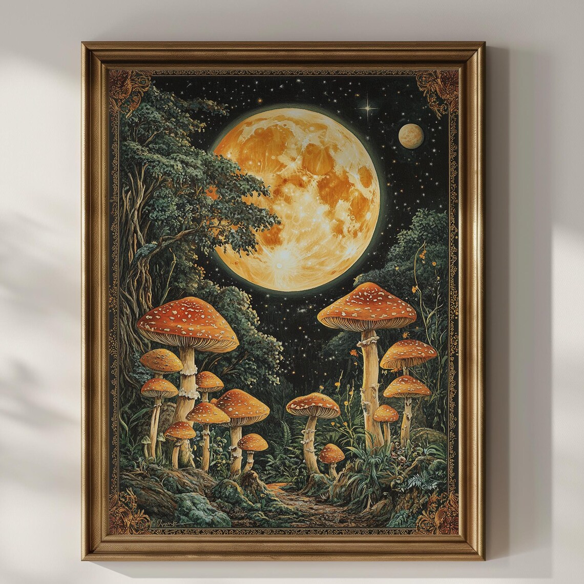 Fly Agaric Mushrooms Under Orange Full Moon Vintage Botanical Poster