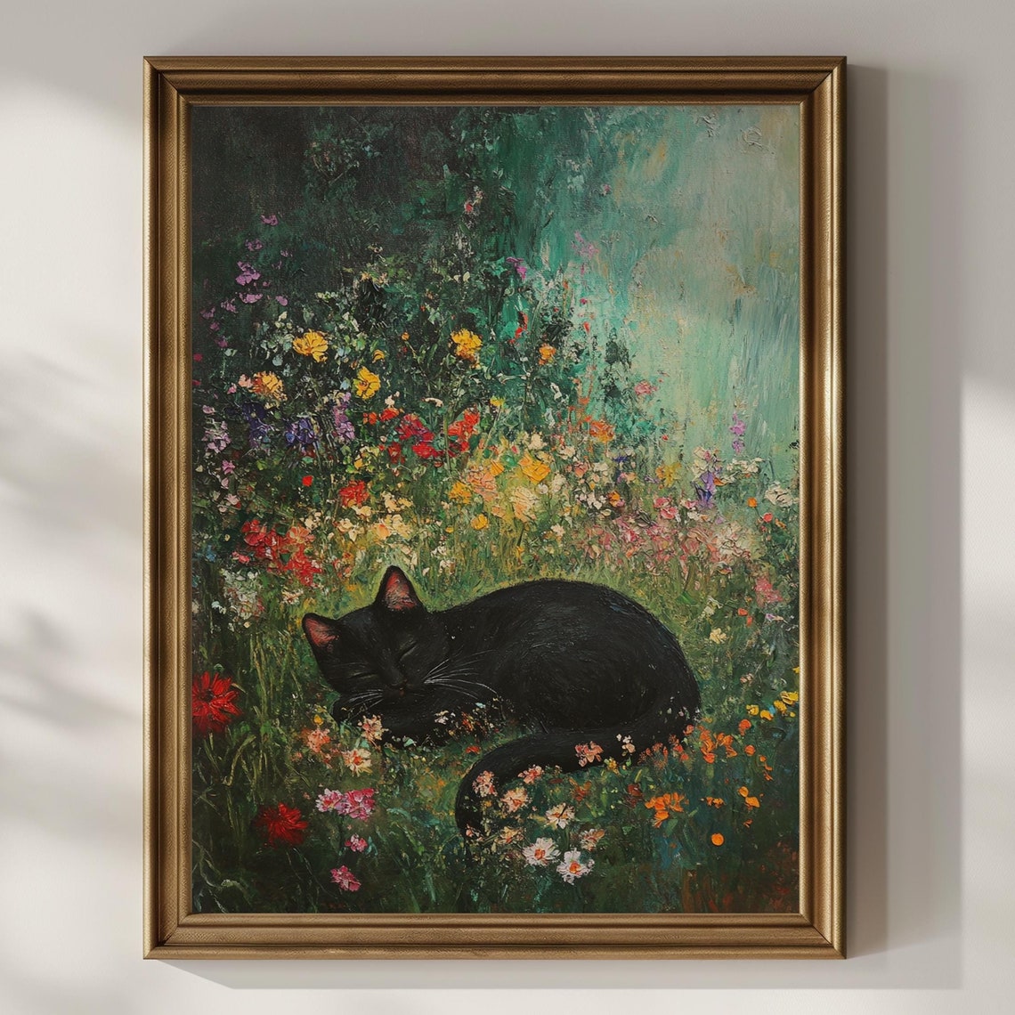Sleeping Black Cat in a Lush Wildflower Garden Impressionist Poster