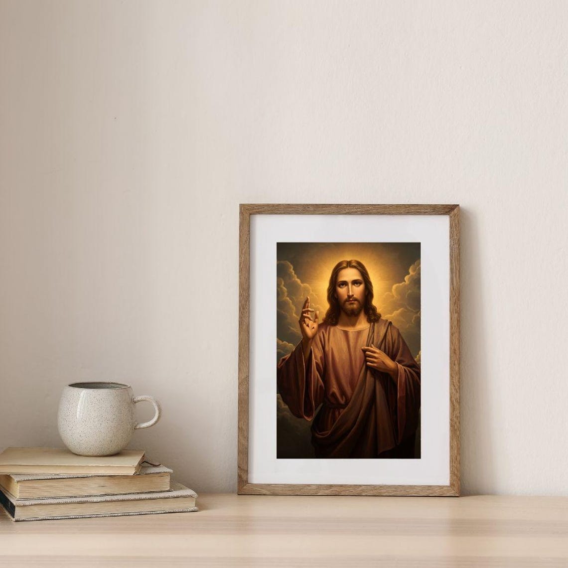 Jesus Christ Blessing with Raised Hand Among Golden Clouds Poster - Image 2