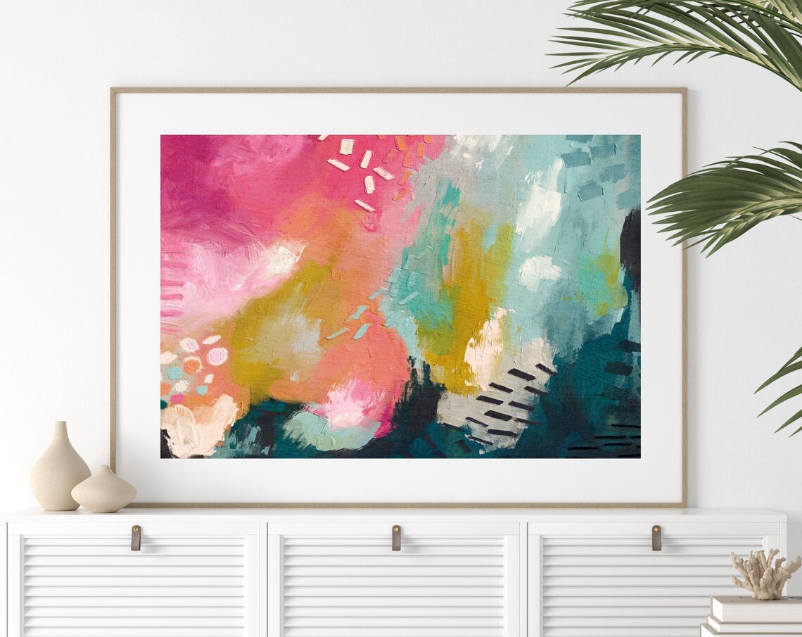 Colorful Abstract Painting Pink Turquoise Gold Modern Art Print
