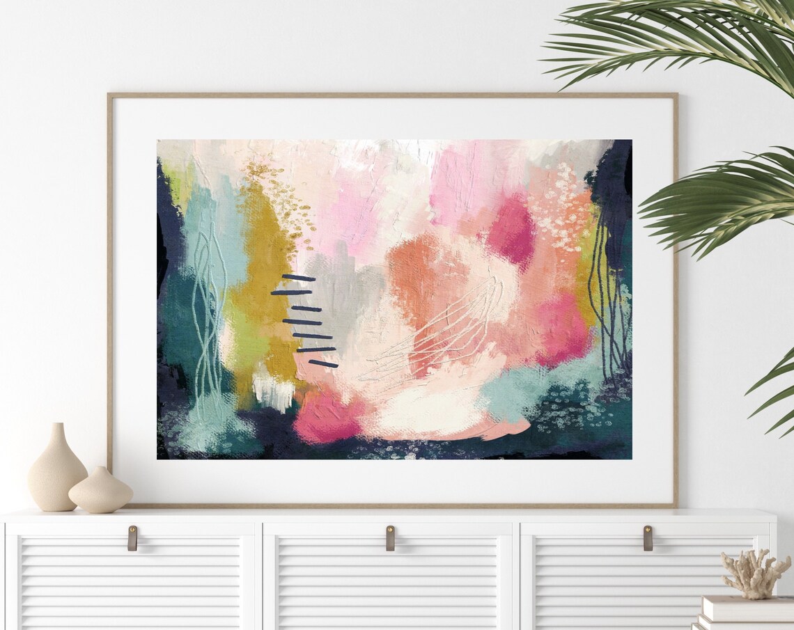 Painterly Abstract Coral Pink Teal Gold Soft Modern Art Print