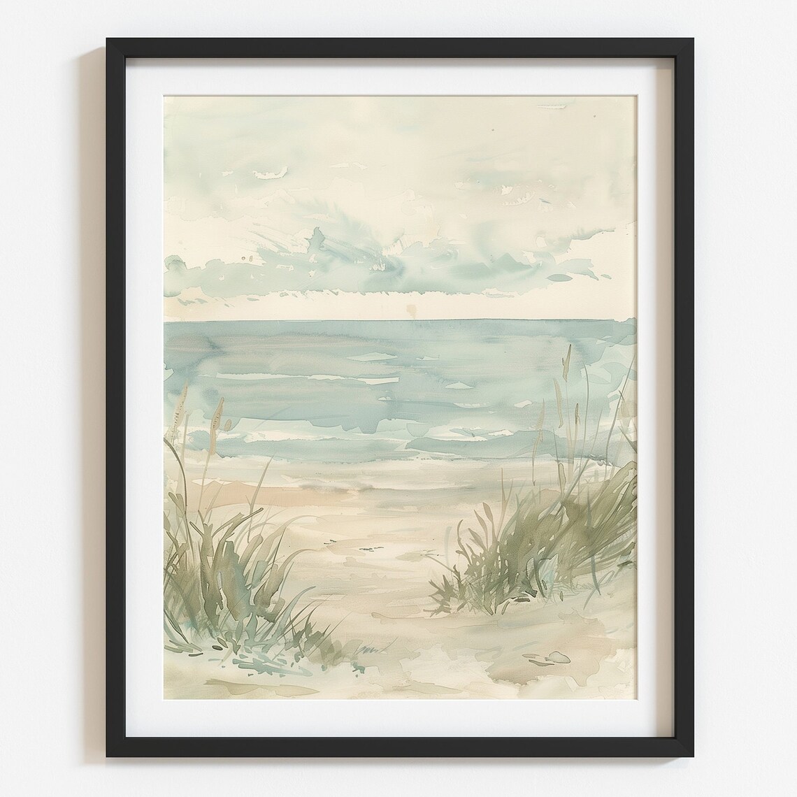 Neutral Beach Watercolor Art Print, Summer Seascape