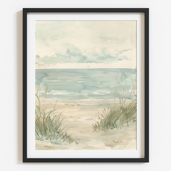 Neutral Beach Watercolor Art Print, Summer Seascape