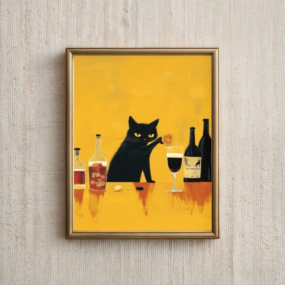 Black Cat Bartender, Whimsical Cat Art Print