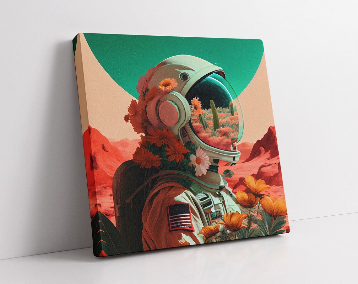 Floral Astronaut Portrait Poster Daisy Helmet Desert Space Collage Art - Image 2