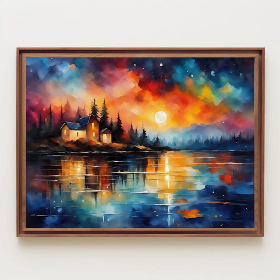 Sunset Over A Calm Lake Watercolor Painting Print Dusk Night Art Nature Wall